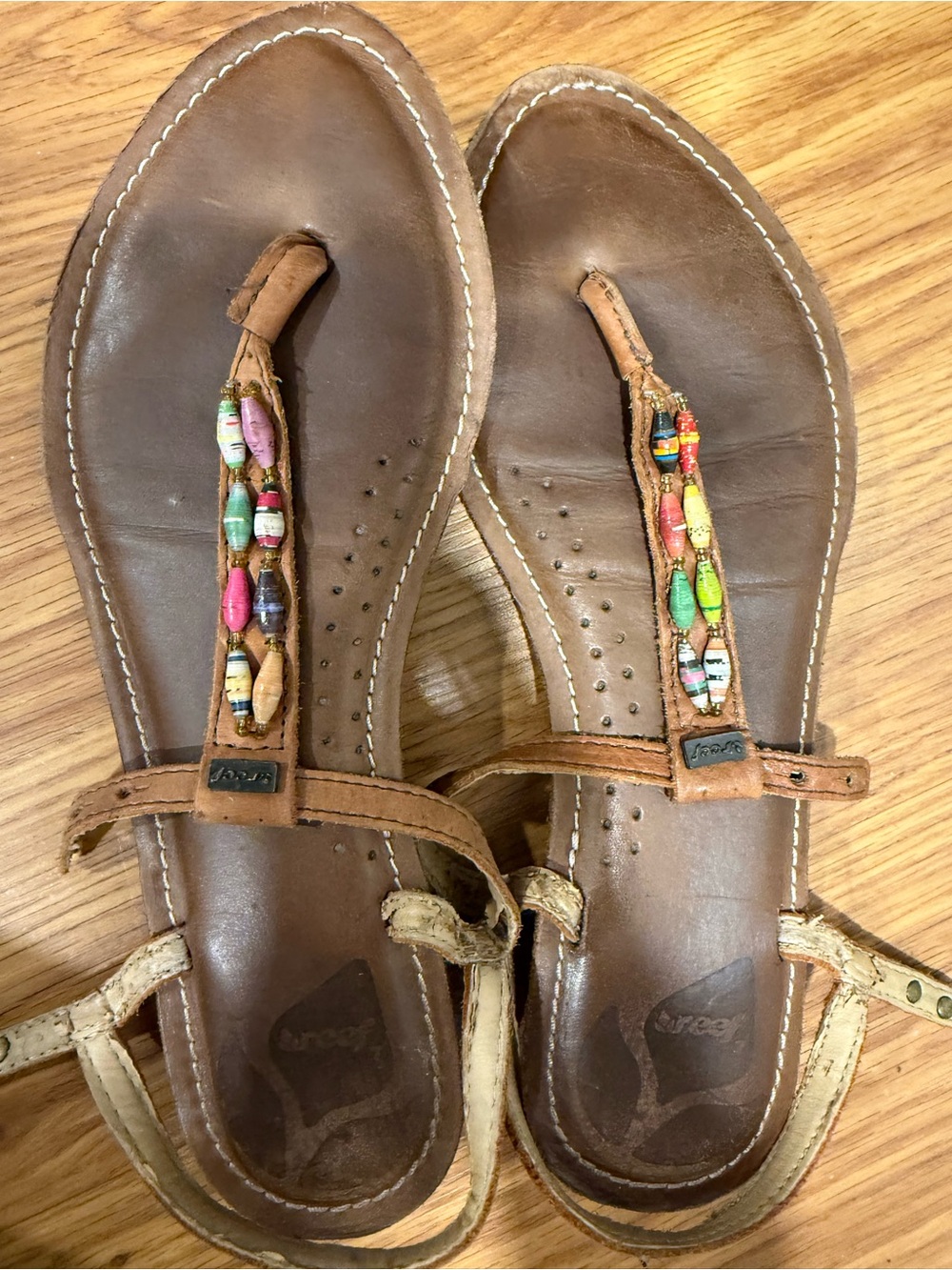 Women's Brown Leather T-Strap Sandals with Colorful Bead Detail